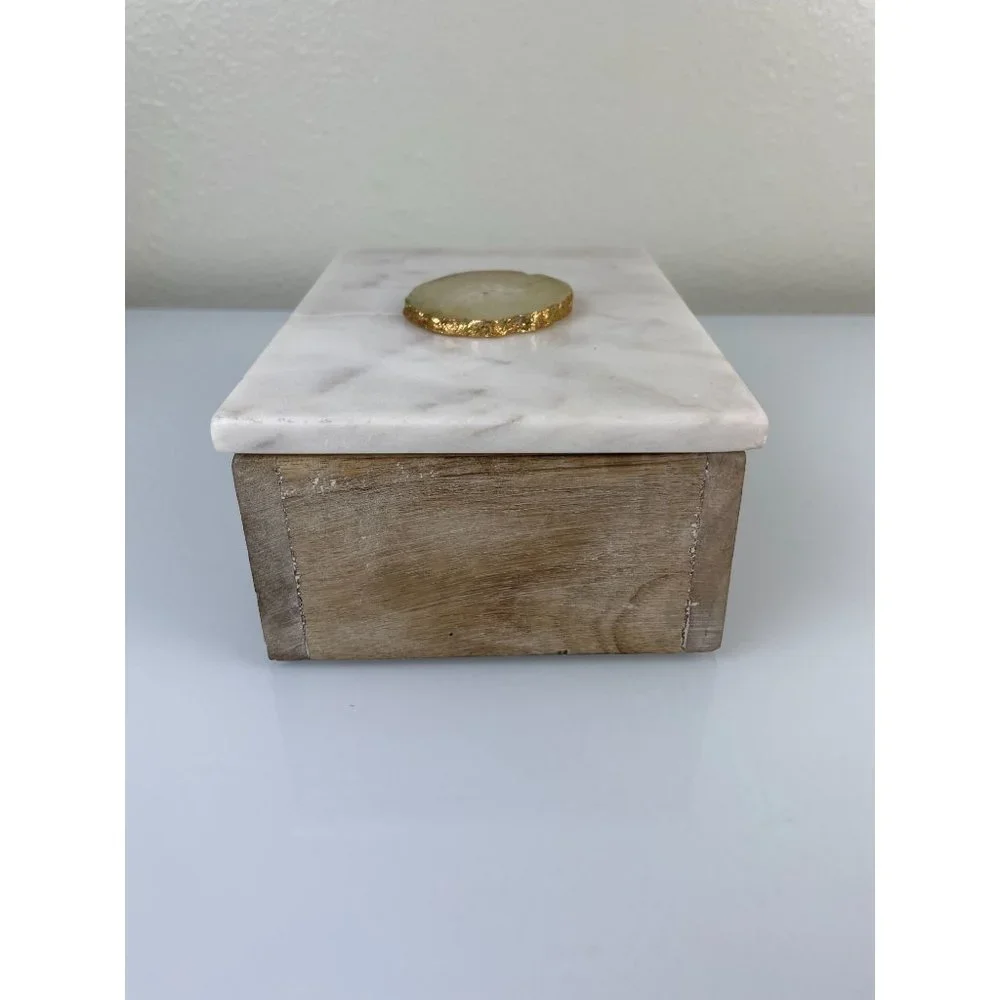 Portofino Home Marble Top Wooden Trinket Jewelry Box Made in India Decor White